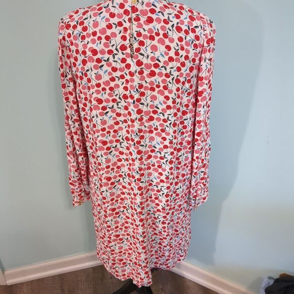 Ann Taylor Loft Cherry Print Shift Swing Dress medium Long Balloon Sleeve - Picture 2 of 5